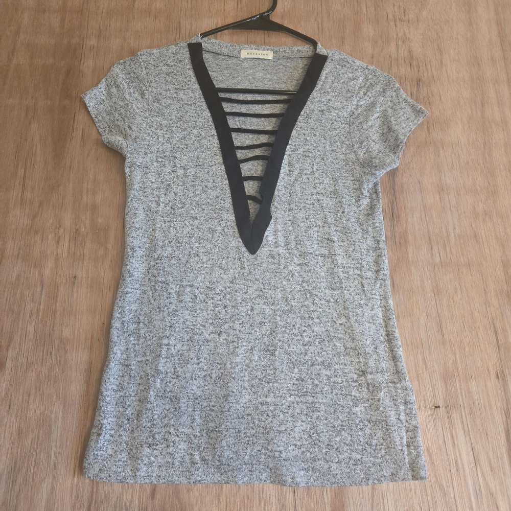Occasion Grey Marl Strappy Cage V-Neck Short Sleeve Top Small SH6611B